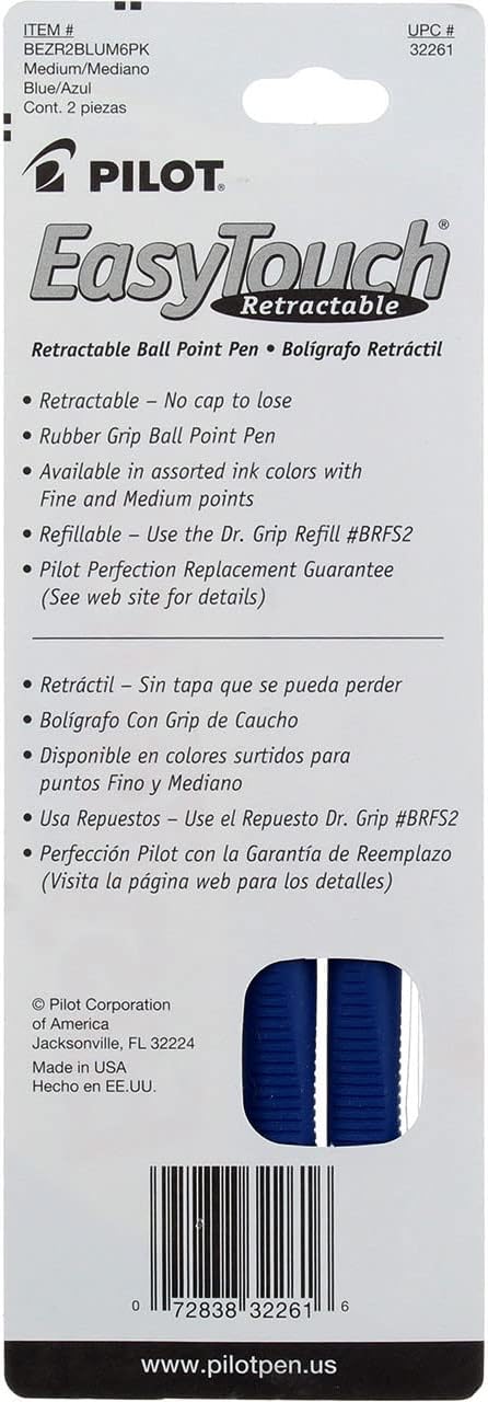 Pilot 32261 Blue Easy Touch Retractable Ball Point Pen, 2 Count