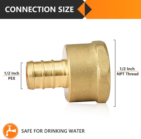 10-Pack PEX Fittings, 1/2" PEX x 1/2" Female NPT, Brass Crimp Fitting for PEX Pipes, ASTM F1807
