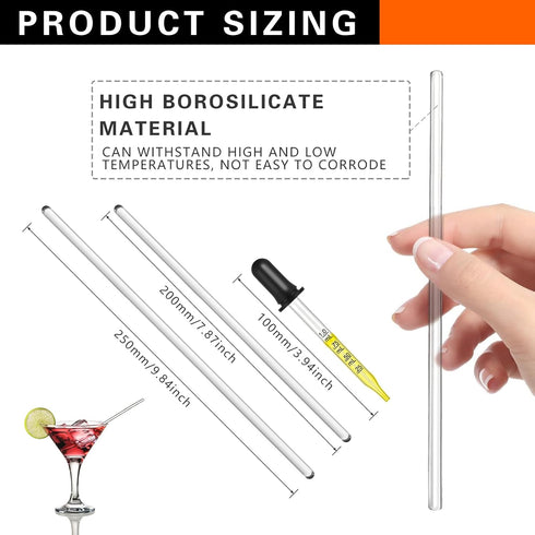 6PCS Glass Stir Sticks, Lab Glass Stirring Rods 8"X2 10"X2, 3PCS Glass Graduated Droppers for Science Lab Kitchen