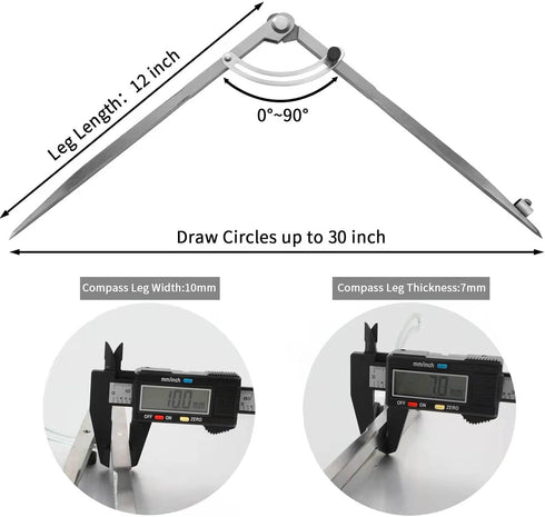 Pencil Compass 12 Inch - Precision Woodworking Compass with Wing Divider and Pencil Holder for Geometry Drafting