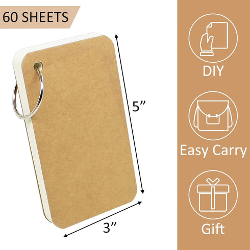 zmybcpack 6 Pack 3x5 Inch (60 Pack), Blank Flash Cards with Binder Rings Sheets Each Blank Easy Flip Index Card Mini