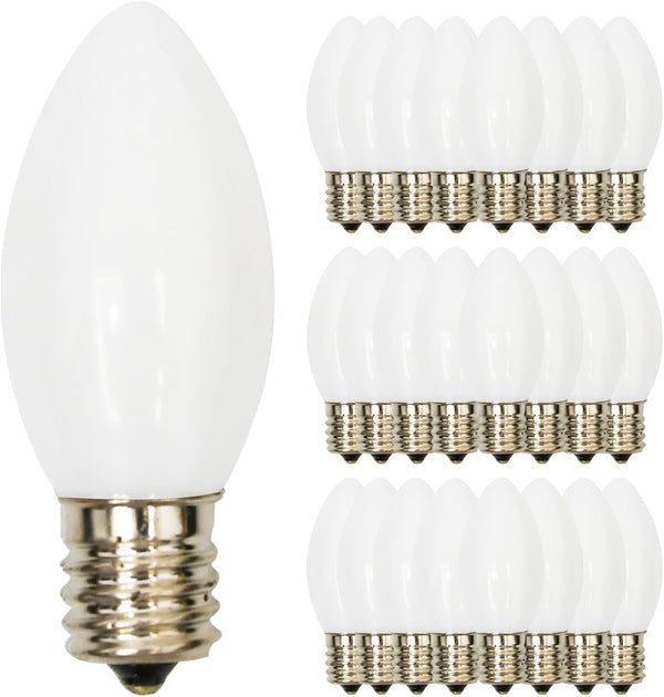 White Christmas Light Replacement Bulbs, 25 Pack Warm White LED C9/E17 Base Shatterproof, 0.6W Indoor/Outdoor