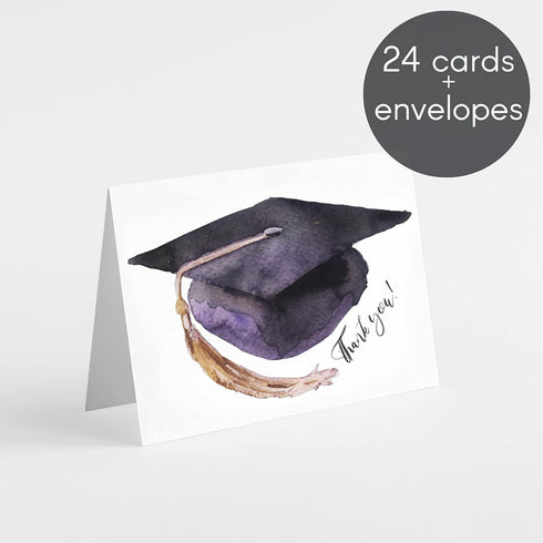 Set 24 Graduation Thank You Cards Boxed - Watercolor Graduation Cap Thank You Greeting Cards w/White Envelopes