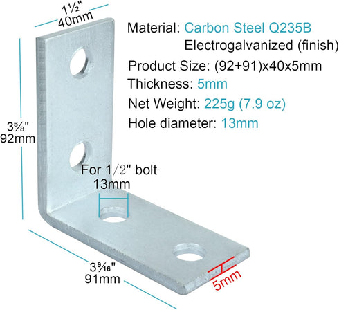 12 Pcs 4 Hole L Shaped Connector Bracket for 1-5/8" Strut Channel, Accept 1/2" Bolt, 5mm Thickness