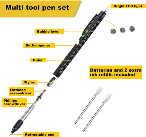 YouOKLight Multi tool pen set, gift tool pen, multitool pen for men, 9 in 1 pen multitool, ruler (Metric, Imperial), screwdriver (flat, cross), bottle opener, level gauge, stylus, LED flashlight, pen by YouOKLight