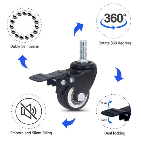 1.5" Stem Casters Set of 4, Heavy Duty Threaded Stem 5/16"-16 x 1" Swivel Wheels with Brakes, 300Lbs
