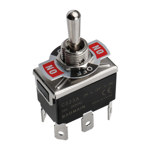 Baomain Toggle Switch with Cap, AC 250V 15A DPDT 3 Position ON/Off/ON, 6 Pins C-523A CE Listed