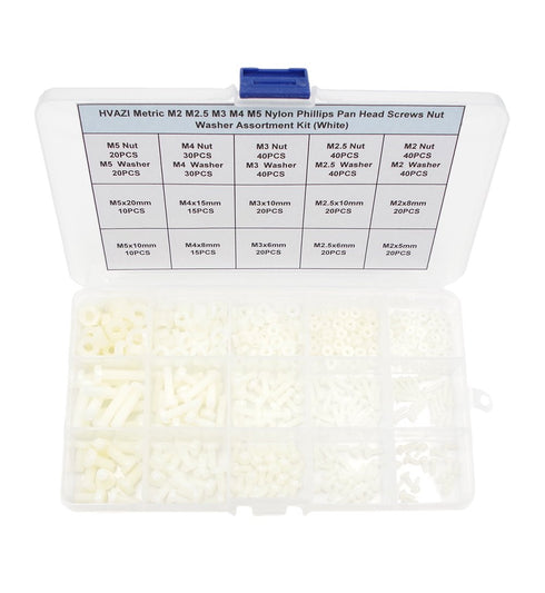 Metric M2 M2.5 M3 M4 M5 Nylon Phillips Pan Head Screws Nut Washer Assortment Kit (White)