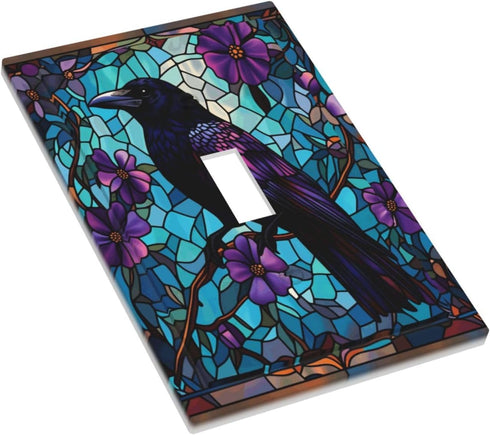 haigof 1 3 5 Inch Black Raven Stained Glass Art Light Switch Cover Wall Plate Gang Single Plates Print Faceplate Home