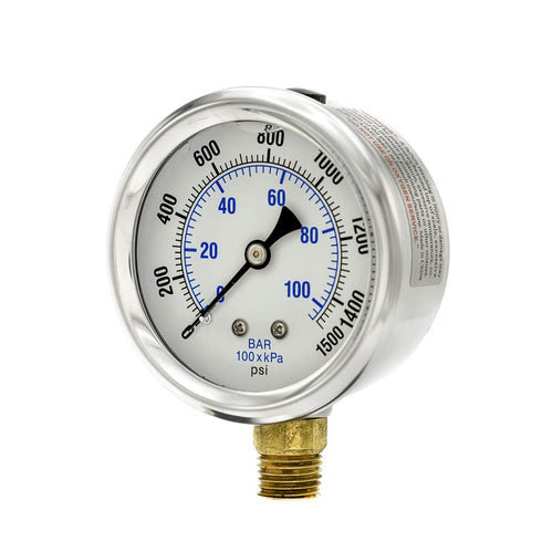 PIC Gauges PRO-201L-254N Pressure Gauge, 0-1500 PSI, 2 1/2" Dial, 1/4" Male NPT, Bottom Mount, Glycerin Filled