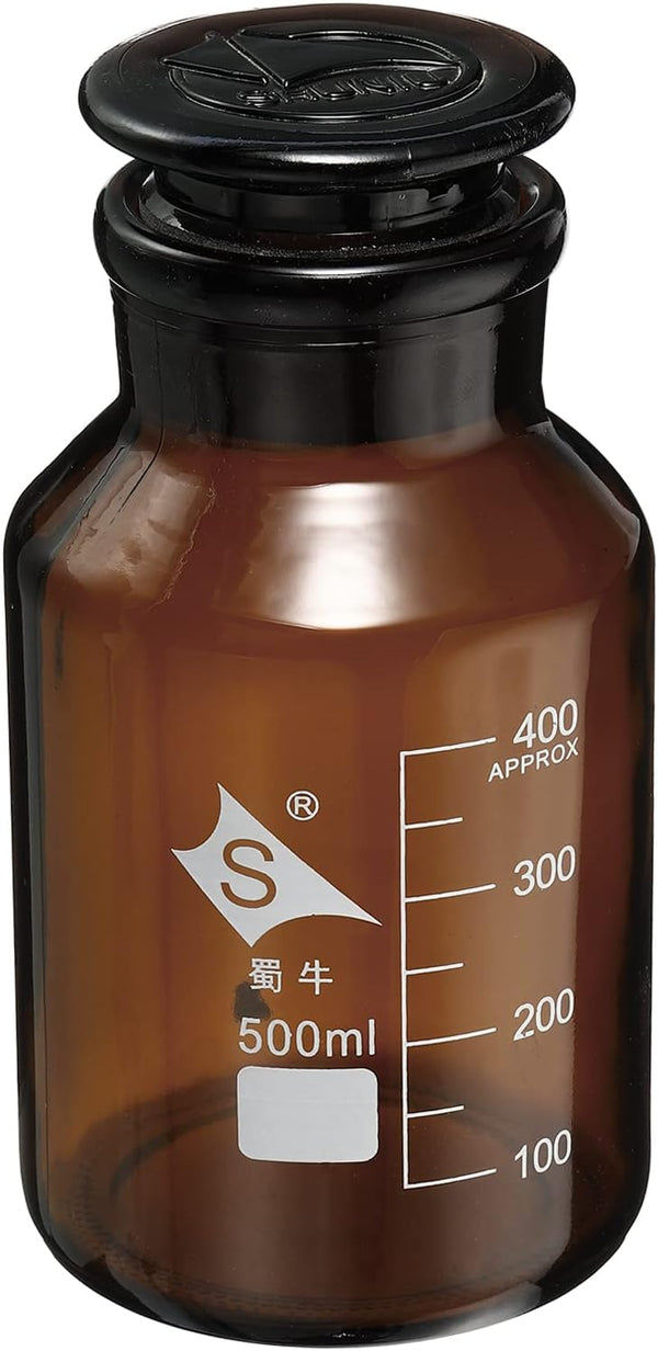 PATIKIL 1Pcs 500mL Reagent Media Bottle, Round 3.3 Borosilicate Glass Graduated Storage Bottle with Amber Cap
