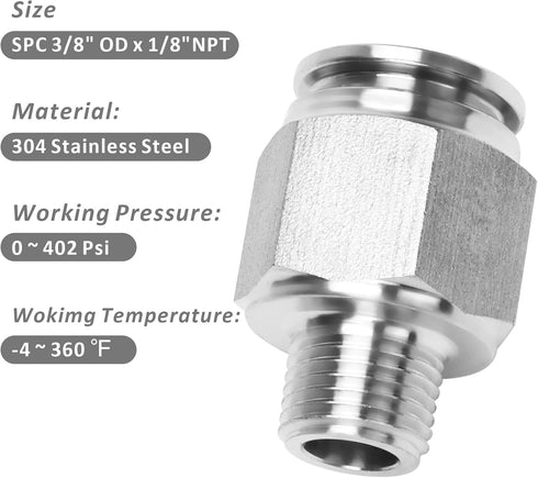 Push to Connect Fitting - 304 Stainless Steel Male Straight 3/8" Tube OD x 1/8" NPT Thread Pneumatic Fitting (Pack of 5)