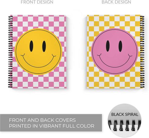 Retro Happy Face Spiral Notebook, 8.5" x 11" Journal, 120 Wide Ruled Pages, Durable Gloss Laminated Softcover Binding