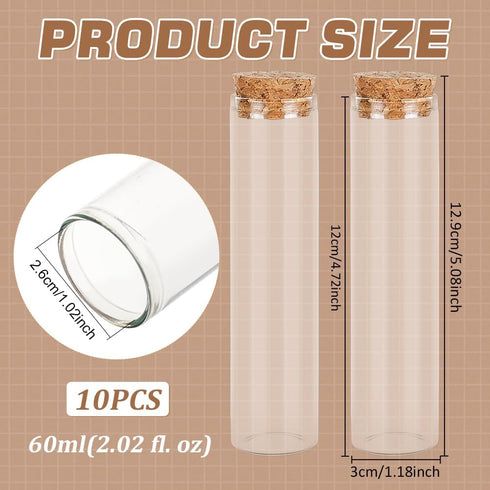 BENECREAT 10 Pack 60ml Glass Test Tube with Cork Stopper Clear Flat Mini Glass Bottles Jars for Wedding Party Favors, Candy, Spices, Beads, Mother's Day Home Decor by BENECREAT