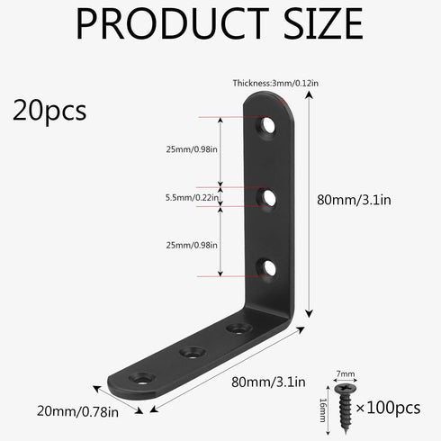 WYIPOLZI 20 Pack 3" 3" 80x80MM (120pcs x Black L Brackets Heavy Duty Right Angle Brackets for Wood, Metal Corner