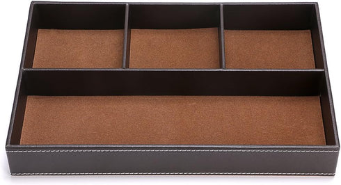 BTSKY 4 Slots Desk Drawer Organizer, PU Leather Divider for Office Desk Supplies, Multi-Purpose Storage Tray (Brown)