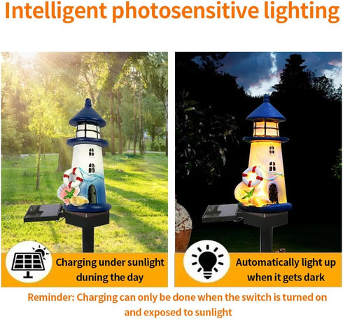 YZYOE Solar Blue and White Small Lighthouse Atmosphere Lights, Garden and Courtyard Decoration Resin Cute House Floor