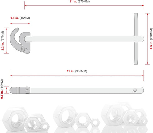 HAUTMEC 11-Inch Pro Basin Wrench for Tight Spaces, Adjustable 3/8'' to 1-1/4'' Capacity Plumber Wrench HT0261-PL (Red)