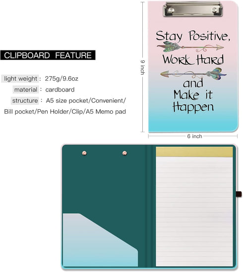 Hongri Mini Clipboard Folio, Standard A5 Size 6" x 9", Refillable Lined Notepad, Interior Storage Pocket, Cute Custom