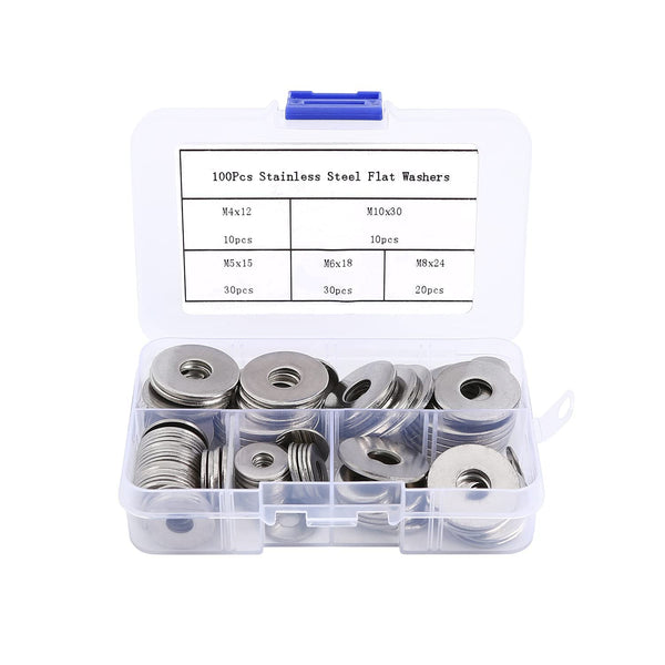 100Pcs Flat Penny Washers, 5 Sizes Stainless Steel Large OD M4, M5, M6, M8, M10 Flat Repair Washers for Screws