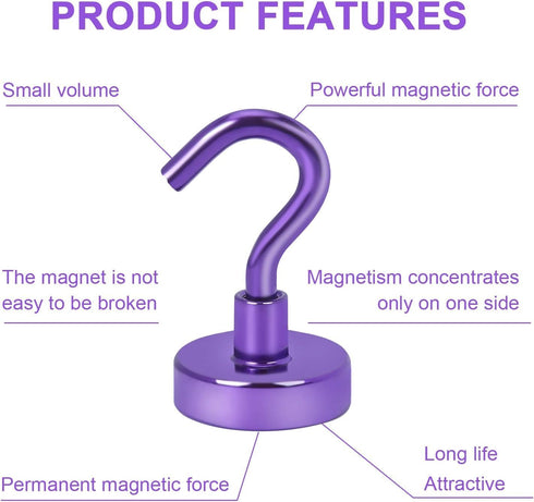 DIYMAG 10 Pack Magnetic Hooks, 25Lbs Heavy Duty S-Hooks for Classroom, Fridge, Kitchen, Garage, Office, Purple