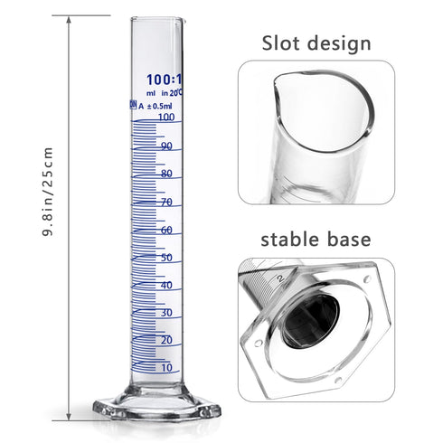 Thick Glass Graduated Cylinder Measuring Liquid Lab Hexagon Base Cylinders Come with Cylinder Brush (glass, 100ML)