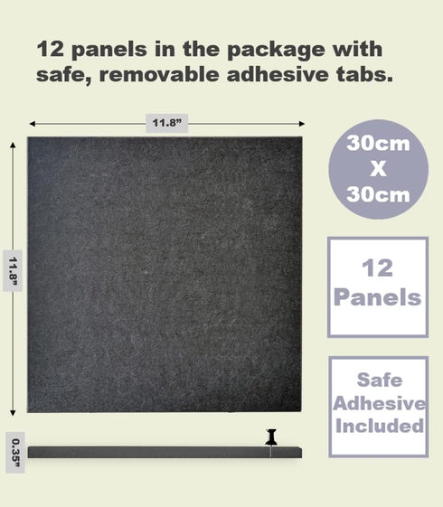 Black Cork Board 47"x35" - 12 Pack Felt Wall Tiles with Removable Adhesive Tabs, Large 48 x 36 inches