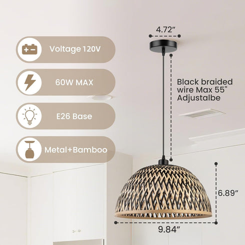9.84 inch Bamboo Pendant Light Fixture, One-Light Adjustable Boho Handmade Woven Pendant Lighting for Kitchen Island