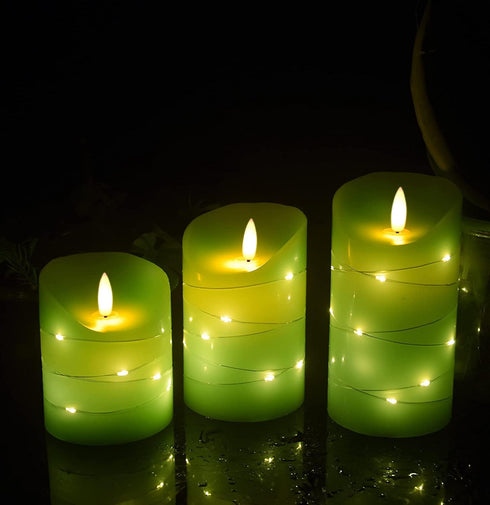 danip 3 10-Key 24-Hour Green LED flameless Candle with Embedded Starlight String, LED Candles, Remote Control, Timer