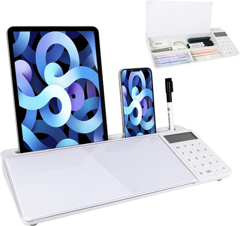 Small Glass Desktop Whiteboard Dry Erase Board with Calculator, Desktop White Board Storage Memo Notepad, Computer
