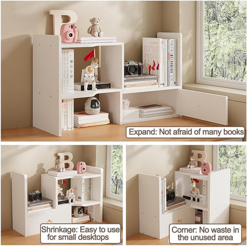 Expandable Wood Desktop Bookshelf, Freestyle Adjustable Display Desk Shelf for Office & Home Storage (White)