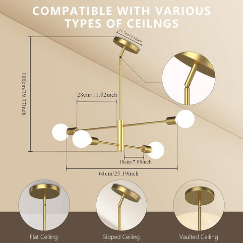 EUGITRAINS 4-Lights (Bulbs Gold Modern Sputnik Chandelier, Mid Century Chandeliers Flush Mount Sputnik Lights Fixture