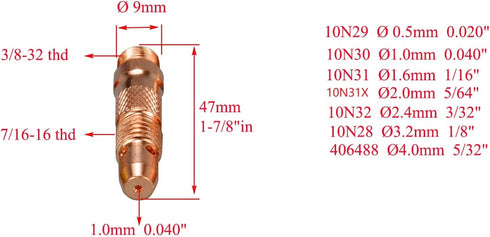 RIVERWELD 18pcs TIG Collet Bodies 10N30 10N31 10N32 10N28 Assorted Size Fit QQ300 PTA DB SR WP 17 18 26