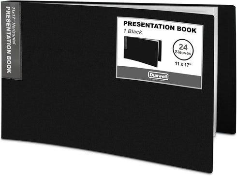 Dunwell 11x17 Portfolio Binder Folder (Black, Horizontal) with Plastic Sleeves, 24 Pockets, Large Art Presentation Book