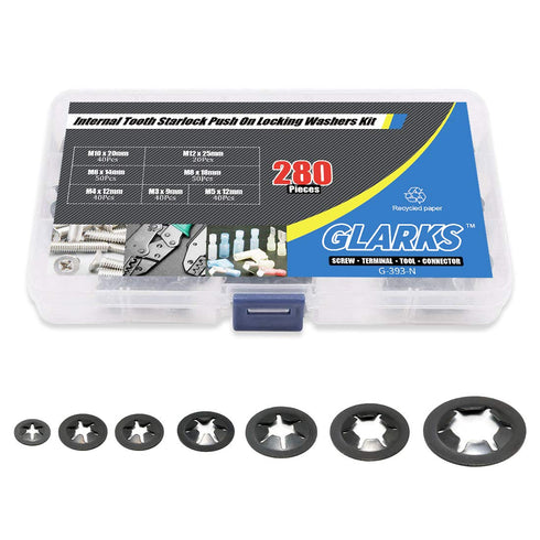 Glarks 280Pcs Internal Tooth Starlock Push On Locking Washers, Speed Clips Fasteners Assortment Kit
