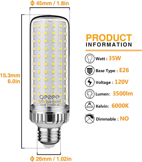 35W LED Light Bulb, E26 Base LED Lamp, 280 Watt Equivalent, 3500 Lumens, Daylight White 6000K, Non-Dimmable (3-Pack by gezee