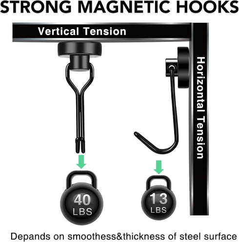 MIKEDE 40LBS Black Magnetic Hooks, Heavy Duty Swivel Swing Hooks for Fridge, Kitchen, Cruise Cabins - 28 Pack