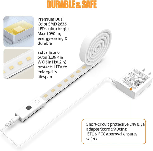 40in Dimmable 5 Closet Counter Smart Under Cabinet Lights, Plug in Under Cabinet Lighting with Handwave Sensor, Bright