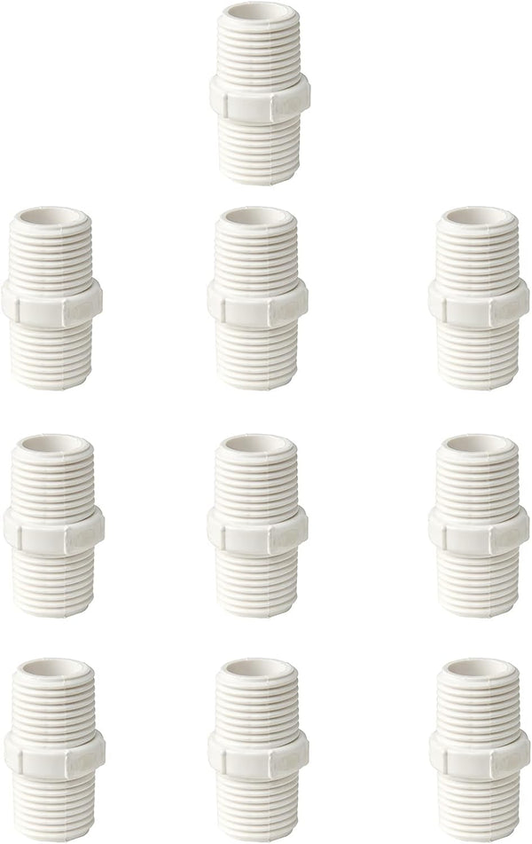 10pcs 0.5 Inch PVC Nipple, Male to Male Coupling Adaptor, 1/2Inch Thread Plumbing PIPE Connection