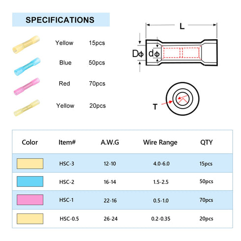 Heat Shrink Wire Connectors with Solder Seal Wire Connector, 250PCS Waterproof Electrical Butt Splice Wire Terminals for Marine Automotive Boat Truck Joint