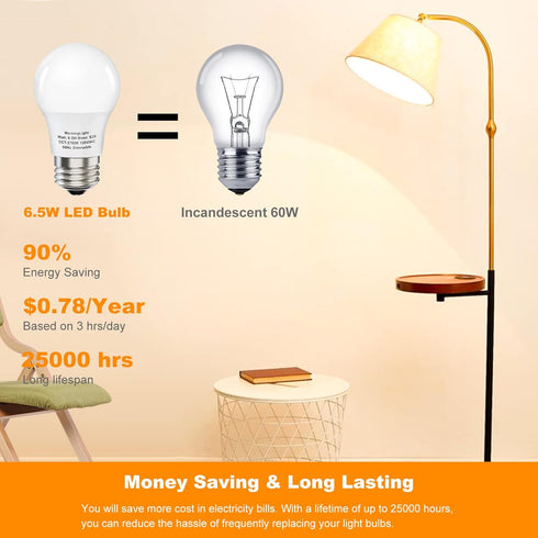 A15 LED Ceiling Fan Light Bulb, E26 LED Bulb 6.5W Equivalent 60 Watt, 2700K Warm White, Dimmable Light Bulbs, 6 Pack A15 LED Light Bulbs for Pendant, Hallway Fixtures,120V, 600LM by MorningLight