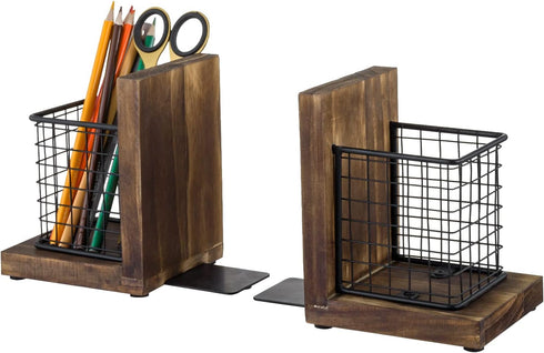 MyGift Rustic Burnt Wood Decorative Bookends with Matte Black Metal Wire Basket for Office Supplies, 1-Pair