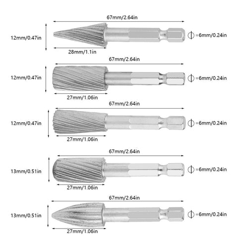 Rotary Burr Set 5pcs High Speed Steel 1/4inch Hex Shank Tools for Carving, Shaping, and Edge Removal