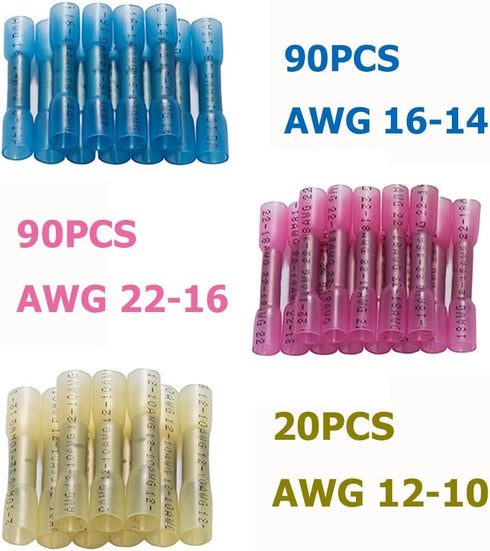 DINGYUAN 200pcs Waterproof Butt Connectors, Heat Shrink Marine Wiring Connectors, Crimp Butt Splice Terminal Kit