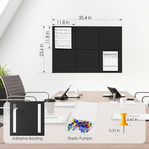 MaxGear Large Cork Board for Wall, 36" x 24", Black Bulletin Board, 6 Pack Felt Wall Tiles with Pushpins