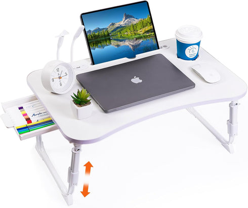 Height Adjustable Laptop Desk for Bed, Foldable Portable Bed Table with USB, Storage Drawer, Cup Holder, White