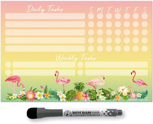 Dry Erase Whiteboard Task Planner, 6 x 9 inches, Tropical | Removable Restickable Adhesive Decal, Fine-Tip Marker