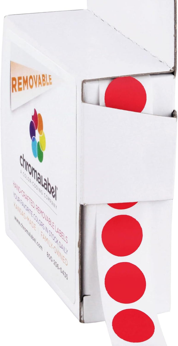 ChromaLabel 1/2 Inch Round Colored Stickers, Removable Sticky Dots, 1000 Red Dot Sticker Labels per Dispenser Box,