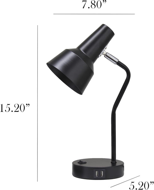LD1072-BLK 15.2" Simple Designs Sleek Essentials Metal Cone Shade Desk Lamp with Adjustable Shade and Dual USB Ports