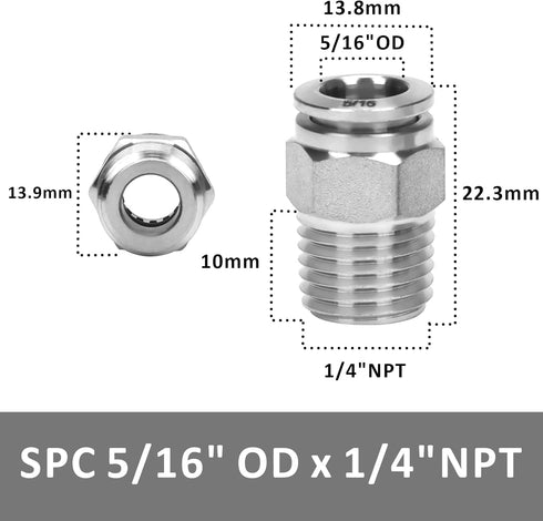 Push to Connect Fitting - 304 Stainless Steel Male Straight 5/16" Tube OD x 1/4" NPT Thread Fitting (Pack of 5)